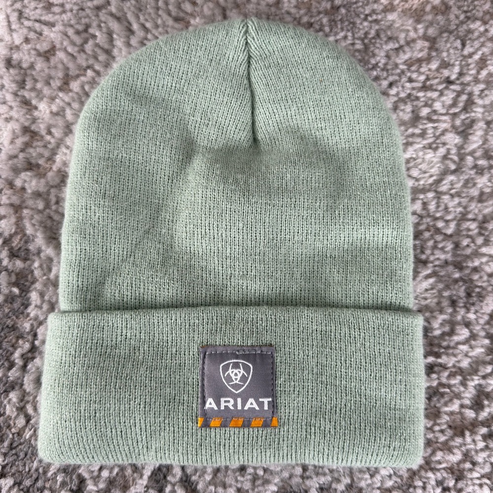 Ariat Size OS Knit Logo Patch Beanie Winter Hat Sage Green Unisex